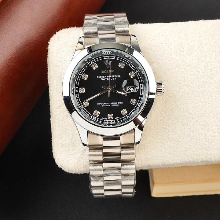 Rolex Silver Bracelet With Black Dial