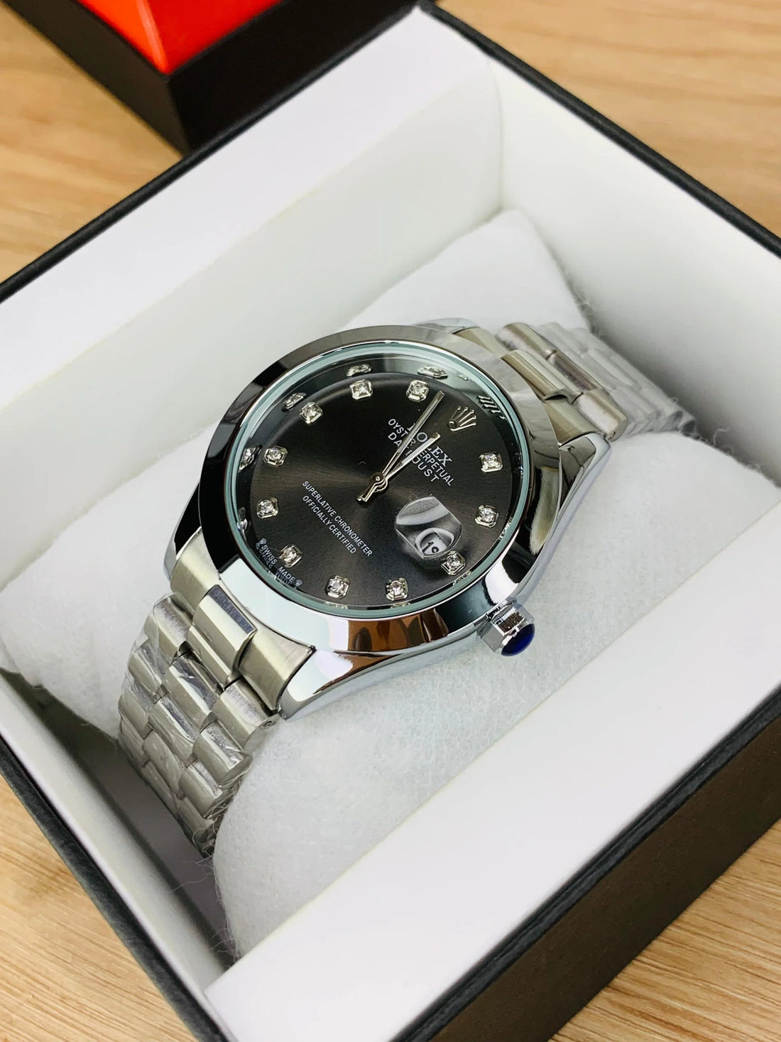 Rolex Silver Bracelet With Black Dial